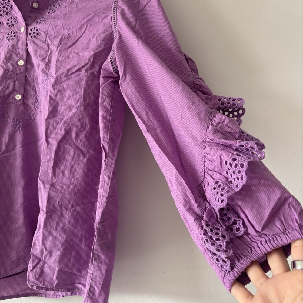J. CREW Ruffle Sleeve Peasant Blouse Purple Eyelet Top Cottagecore Size L Preppy - Picture 7 of 14
